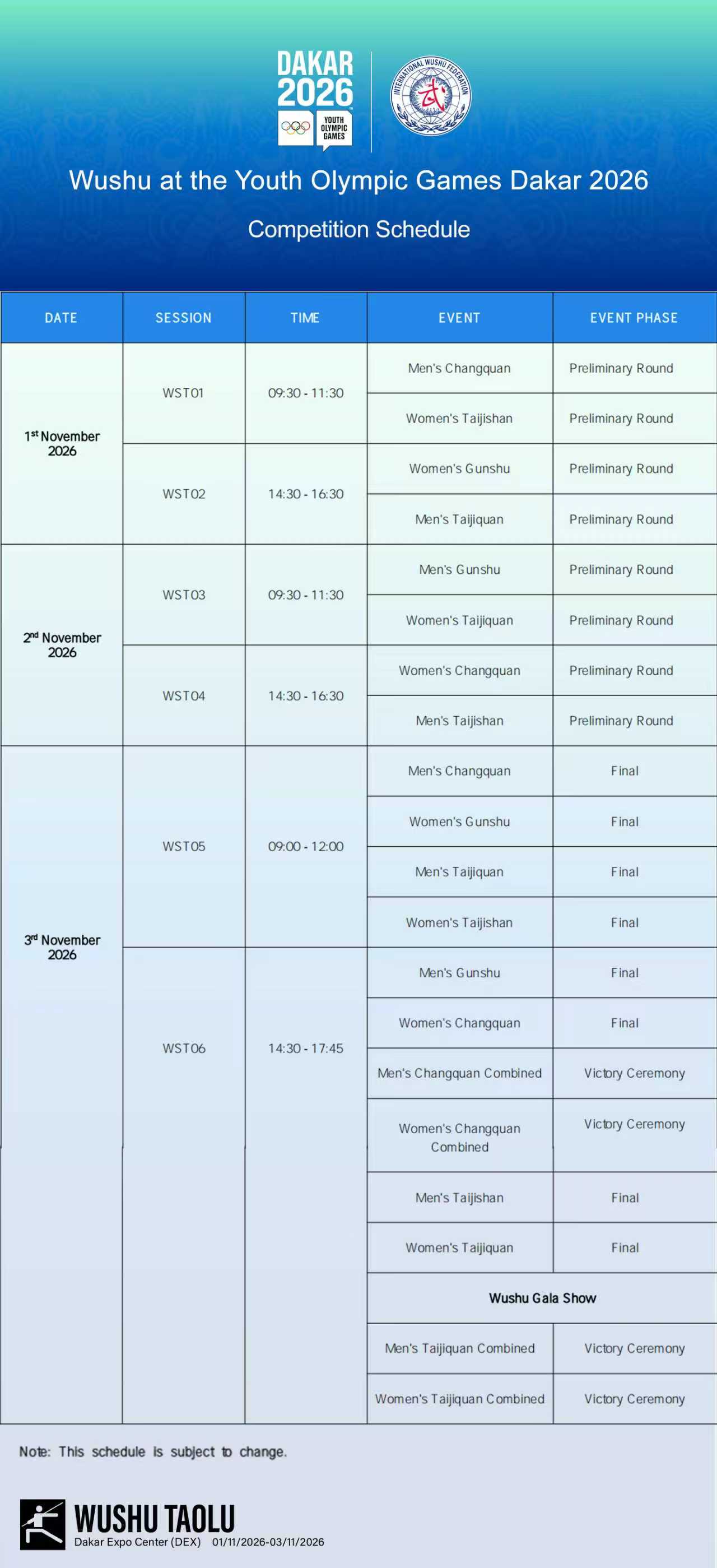 Wushu at the Youth Olympic Games Dakar 2026 Competition Schedule